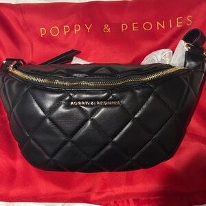 Poppy & Peonies Black Quilted Crossbody Bag